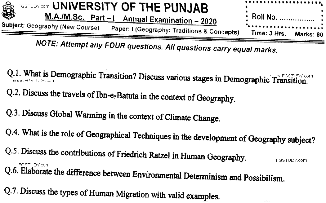 MSc Part 1 Geography Traditions And Concepts Past Paper 2020 Punjab University Subjective