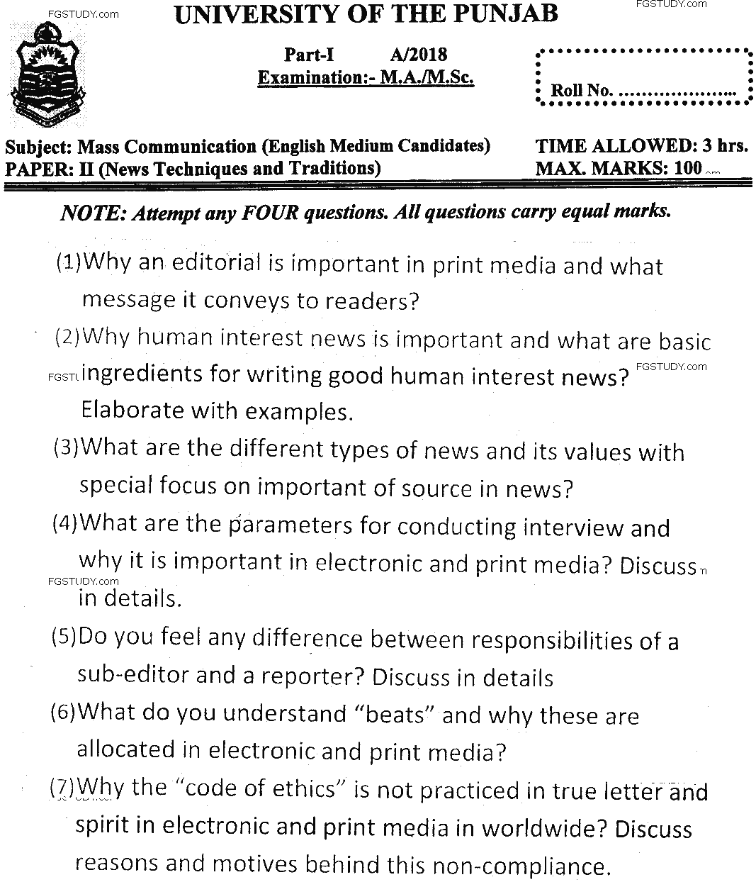 MSc Part 1 Mass Communication News Technique And Tradition Past Paper 2018 Punjab University Subjective