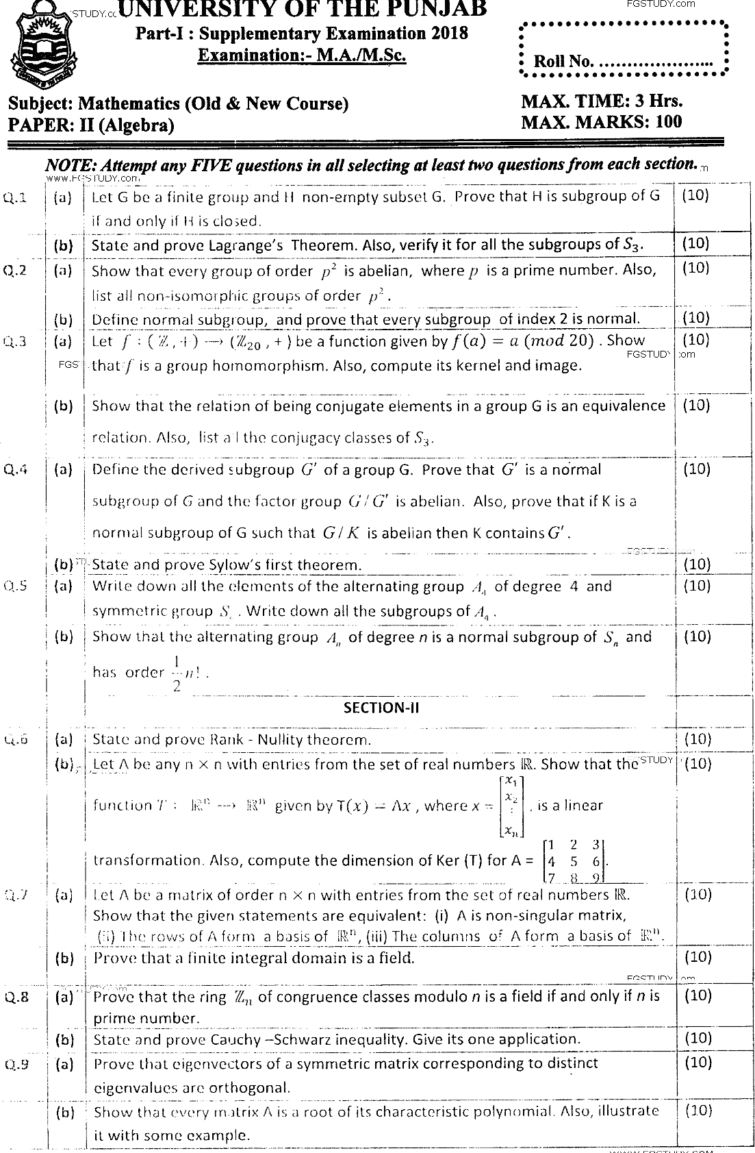 MSc Part 1 Mathematics Algebra Past Paper 2018 Punjab University Subjective