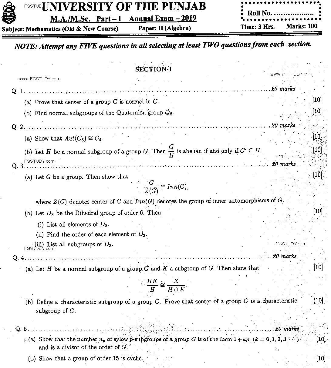 MSc Part 1 Mathematics Algebra Past Paper 2019 Punjab University Subjective