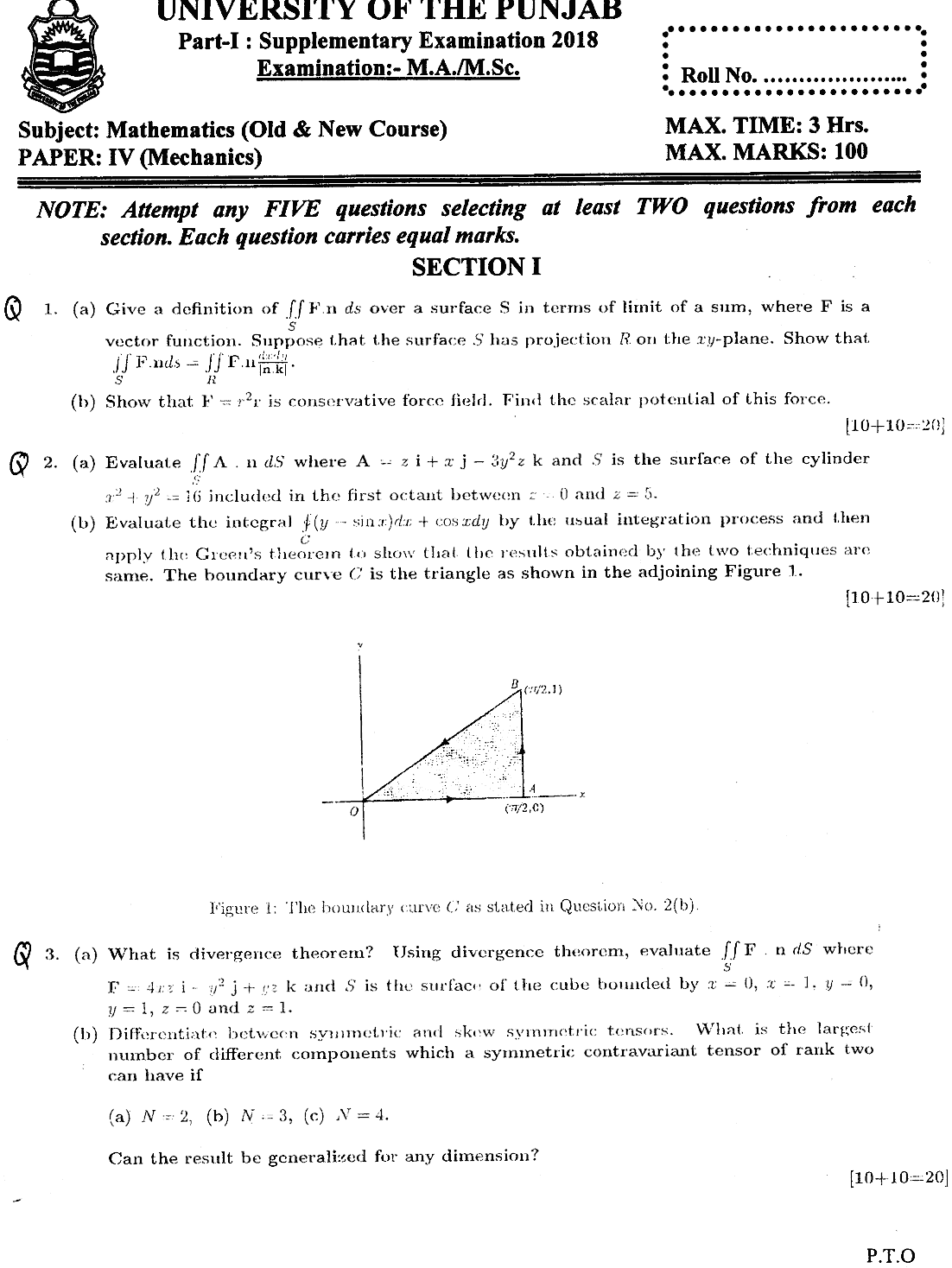 MSc Part 1 Mathematics Mechanics Past Paper 2018 Punjab University Subjective