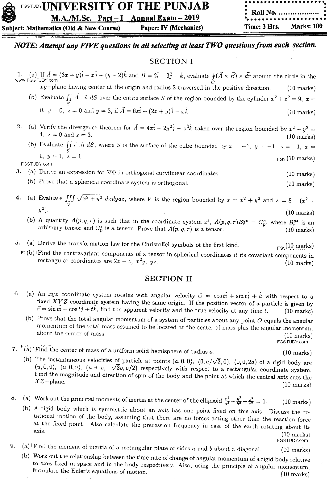 MSc Part 1 Mathematics Mechanics Past Paper 2019 Punjab University Subjective