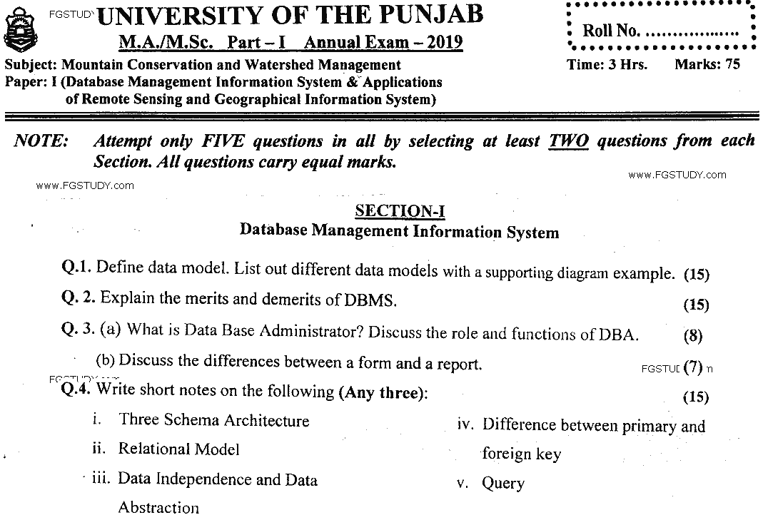 MSc Part 1 Mountain Conservation And Watershed Management Database Management Information System And Applications Of Remote Sensing And Geographical Information System Past Paper 2019 Punjab University Subjective