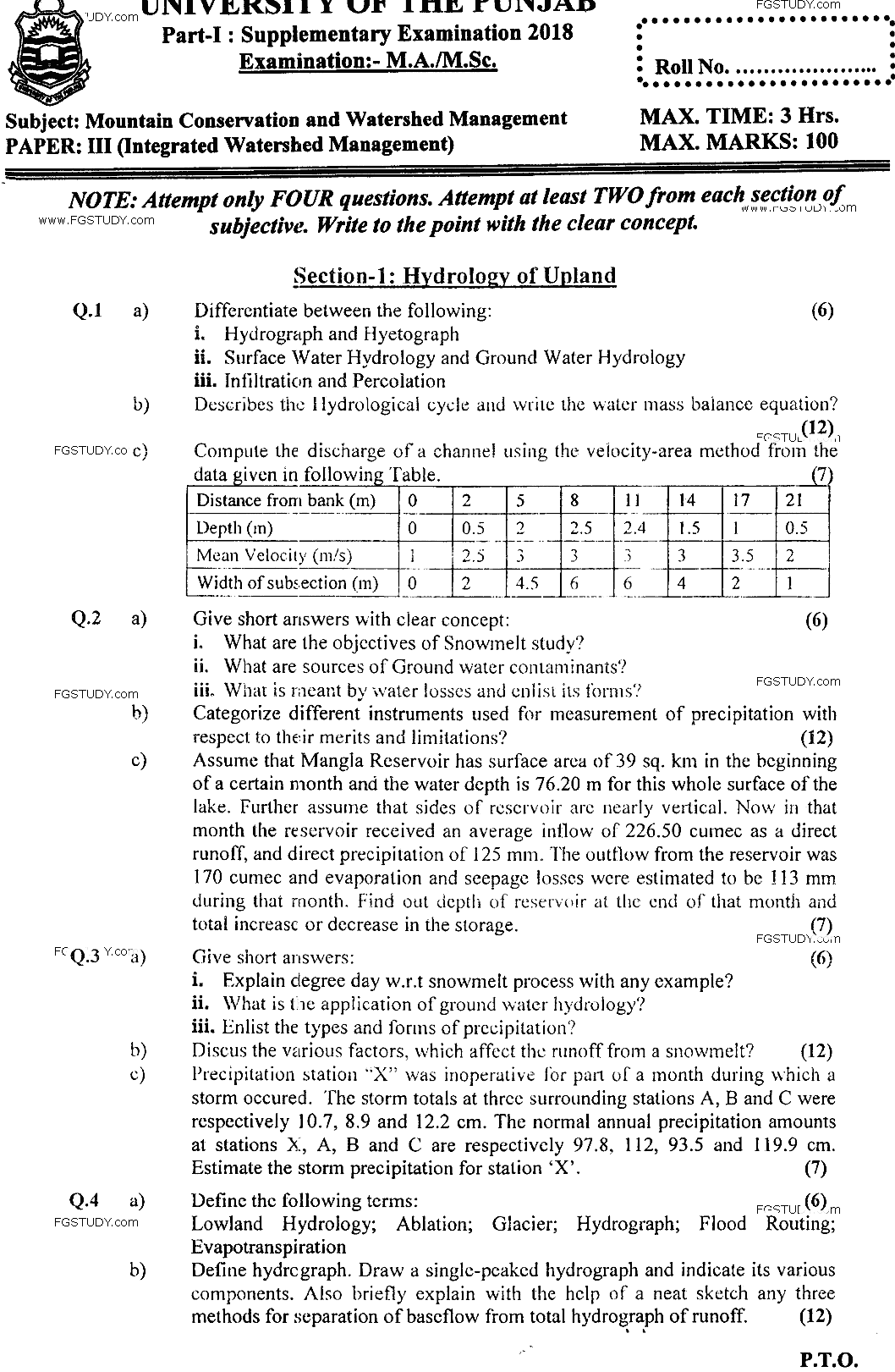 MSc Part 1 Mountain Conservation And Watershed Management Integrated Watershed Management Past Paper 2018 Punjab University Subjective