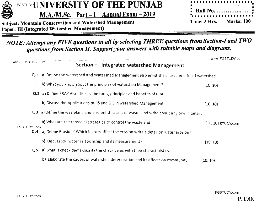 MSc Part 1 Mountain Conservation And Watershed Management Integrated Watershed Management Past Paper 2019 Punjab University Subjective