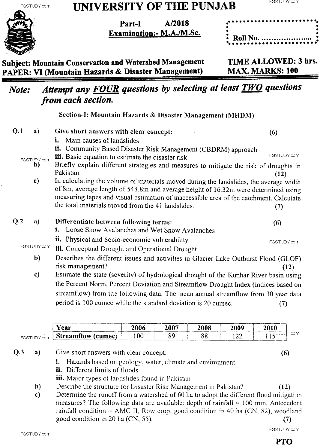 MSc Part 1 Mountain Conservation And Watershed Management Mountain Hazards And Disaster Management Past Paper 2018 Punjab University Subjective