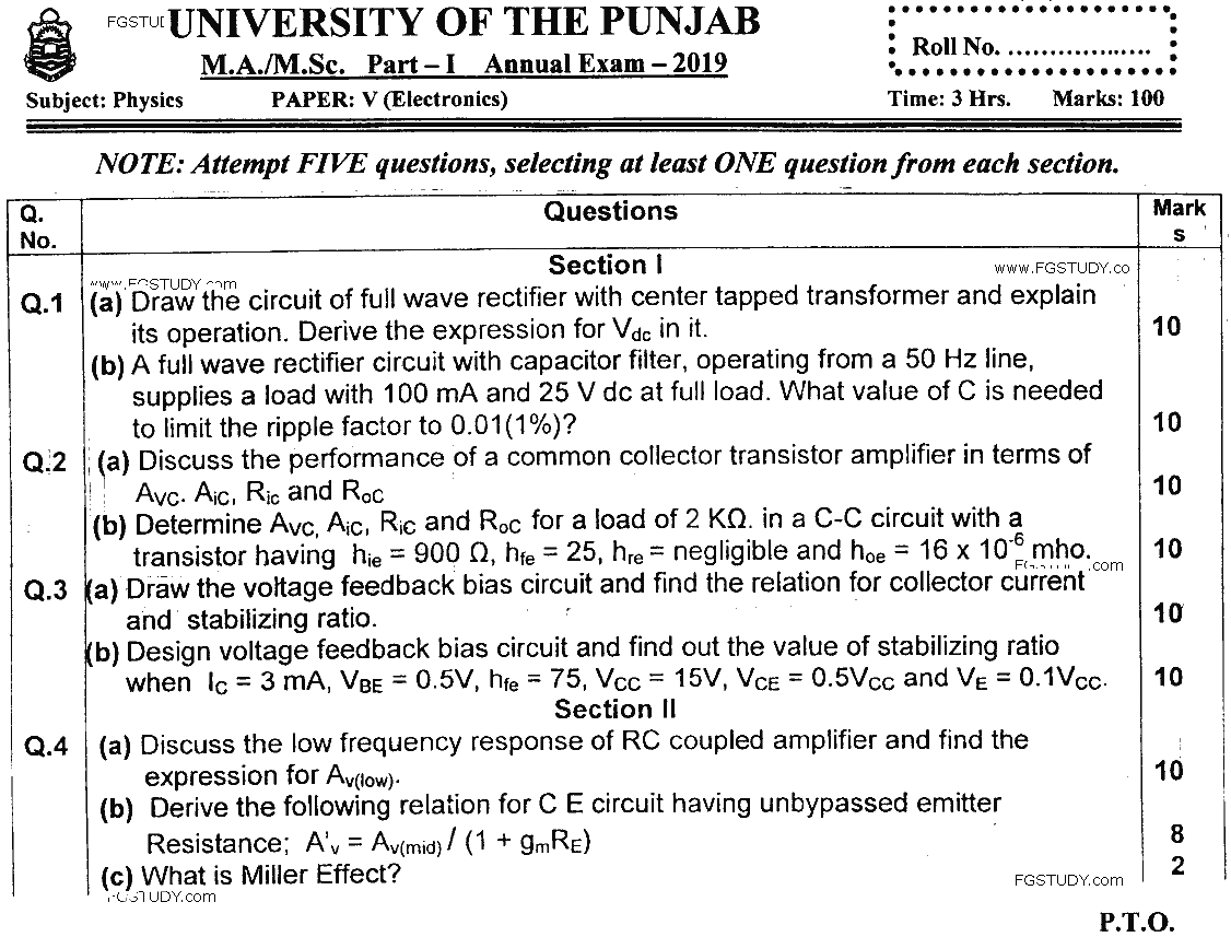 MSc Part 1 Physics Electronics Past Paper 2019 Punjab University Subjective