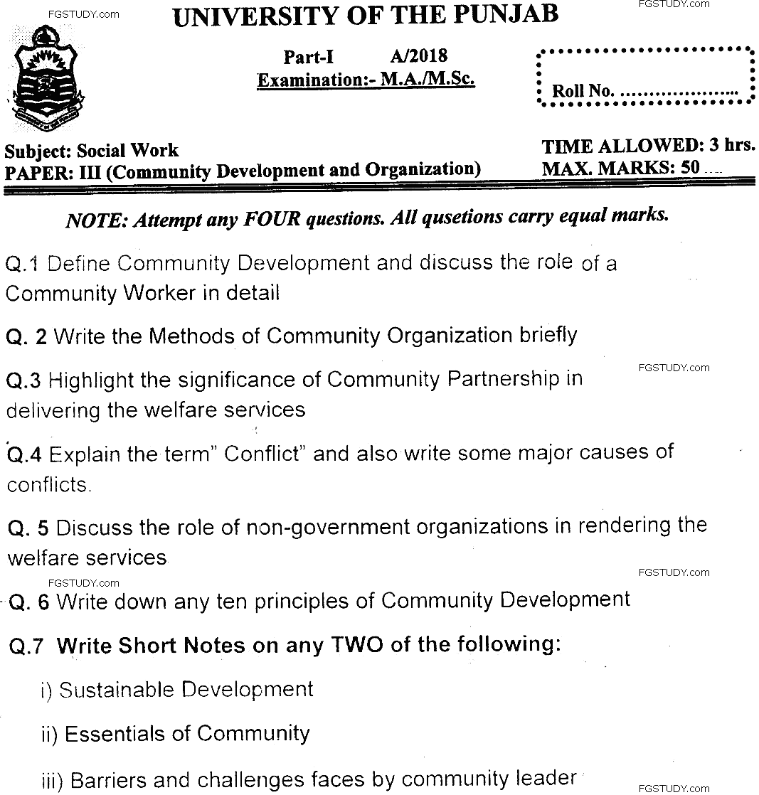 MSc Part 1 Social Work Community Development And Organization Past Paper 2018 Punjab University Subjective