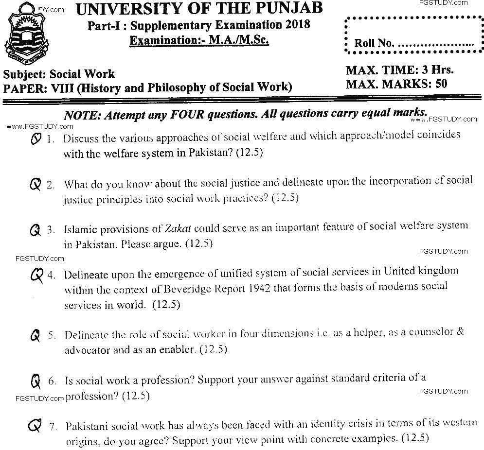 MSc Part 1 Social Work History And Philosophy Of Social Work Past Paper 2018 Punjab University Subjective