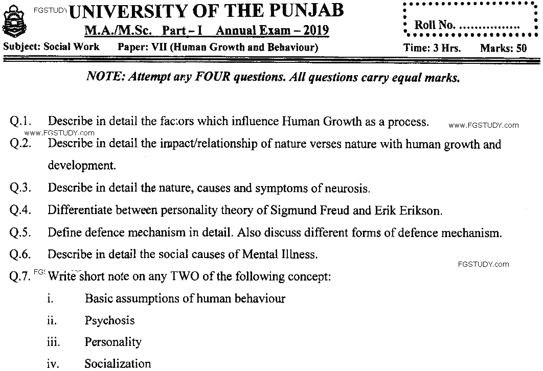 MSc Part 1 Social Work Human Growths And Behaviour Past Paper 2019 Punjab University Subjective