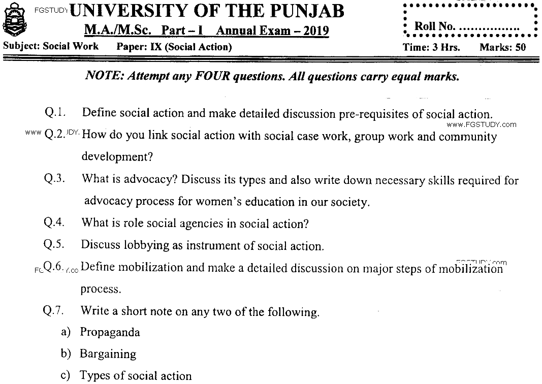 MSc Part 1 Social Work Social Action Past Paper 2019 Punjab University Subjective