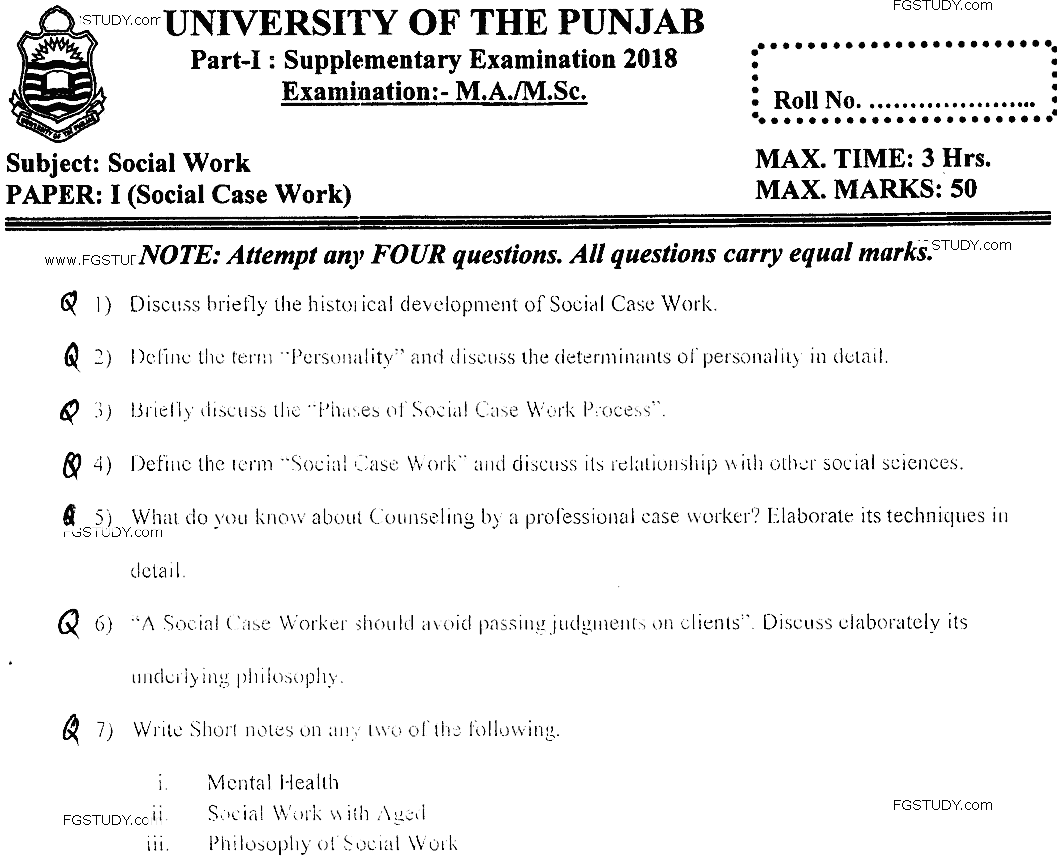 MSc Part 1 Social Work Social Case Work Past Paper 2018 Punjab University Subjective