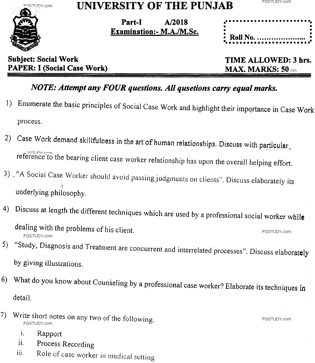 MSc Part 1 Social Work Social Case Work Past Paper 2018 Punjab University Subjective