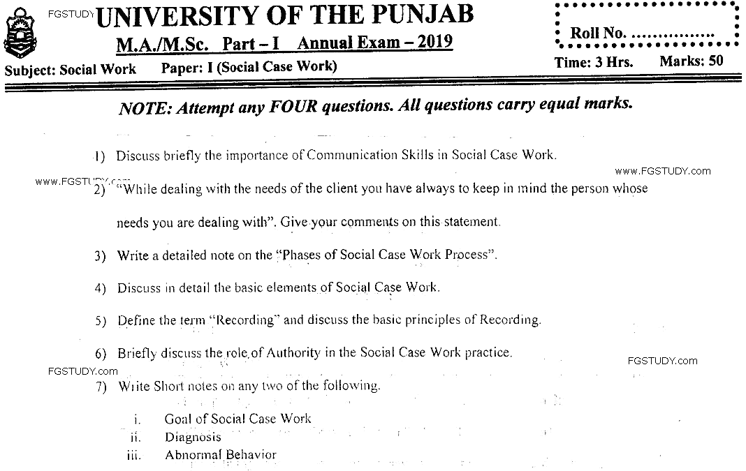 MSc Part 1 Social Work Social Case Work Past Paper 2019 Punjab University Subjective