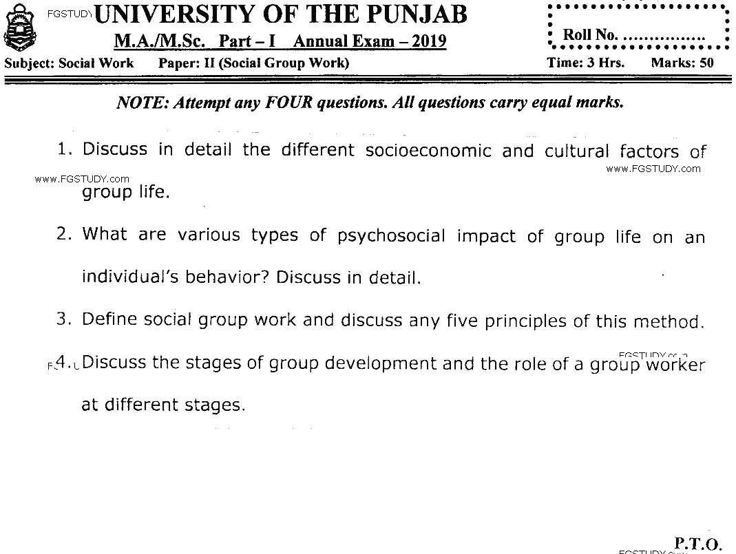 MSc Part 1 Social Work Social Group Work Past Paper 2019 Punjab University Subjective