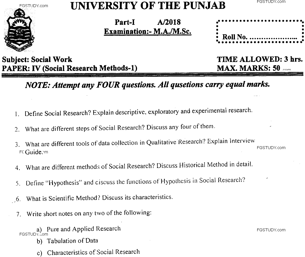 MSc Part 1 Social Work Social Research Methods 1 Past Paper 2018 Punjab University Subjective