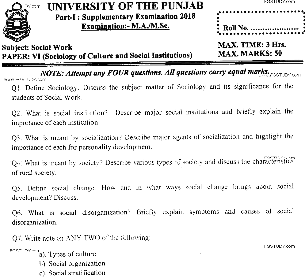 MSc Part 1 Social Work Sociology Of Culture And Social Institutions Past Paper 2018 Punjab University Subjective