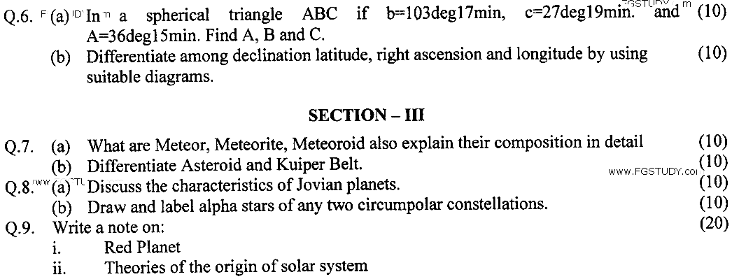 MSc Part 1 Space Science Astronomy Past Paper 2019 Punjab University Subjective