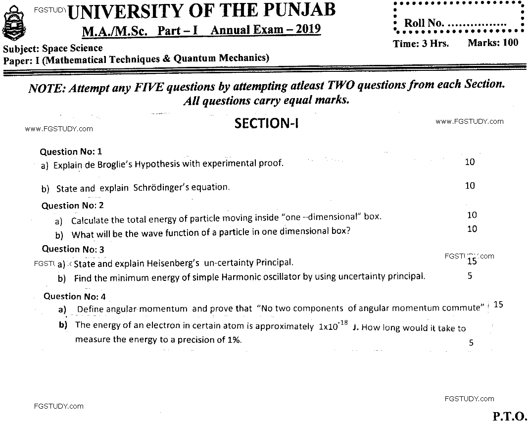 MSc Part 1 Space Science Mathematical Techniques And Quantum Mechanics Past Paper 2019 Punjab University Subjective