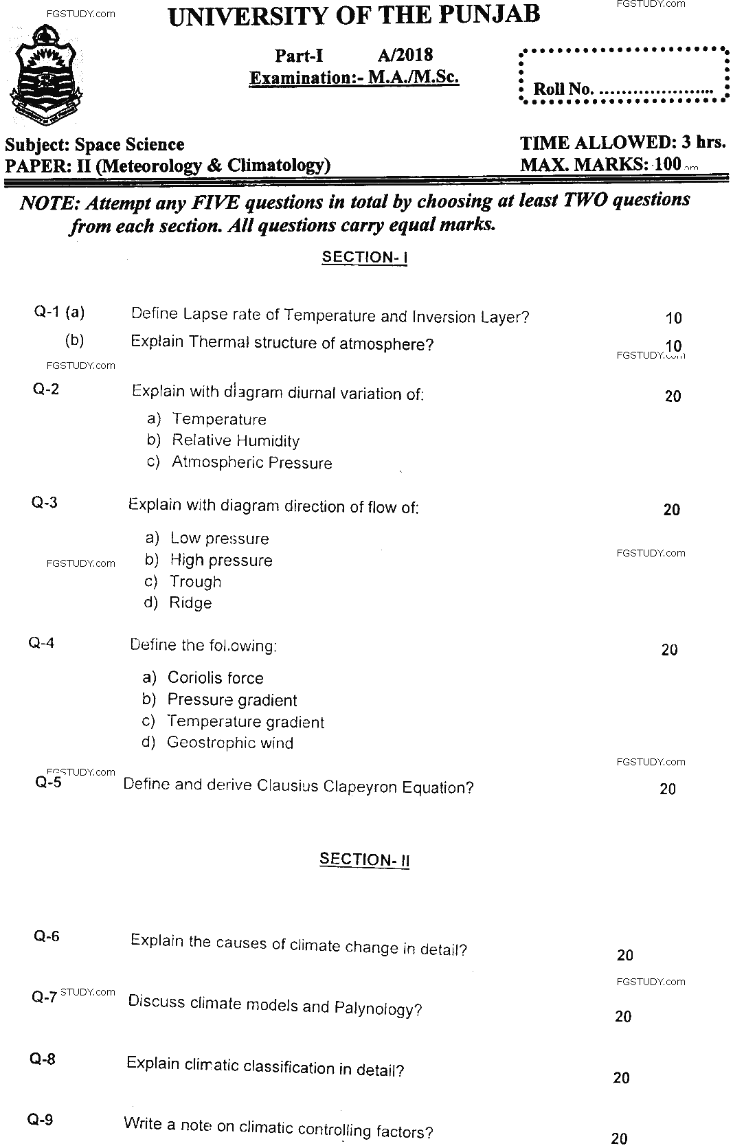 MSc Part 1 Space Science Meteorology And Climatology Past Paper 2018 Punjab University Subjective