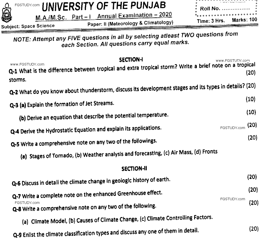 MSc Part 1 Space Science Meteorology And Climatology Past Paper 2020 Punjab University Subjective