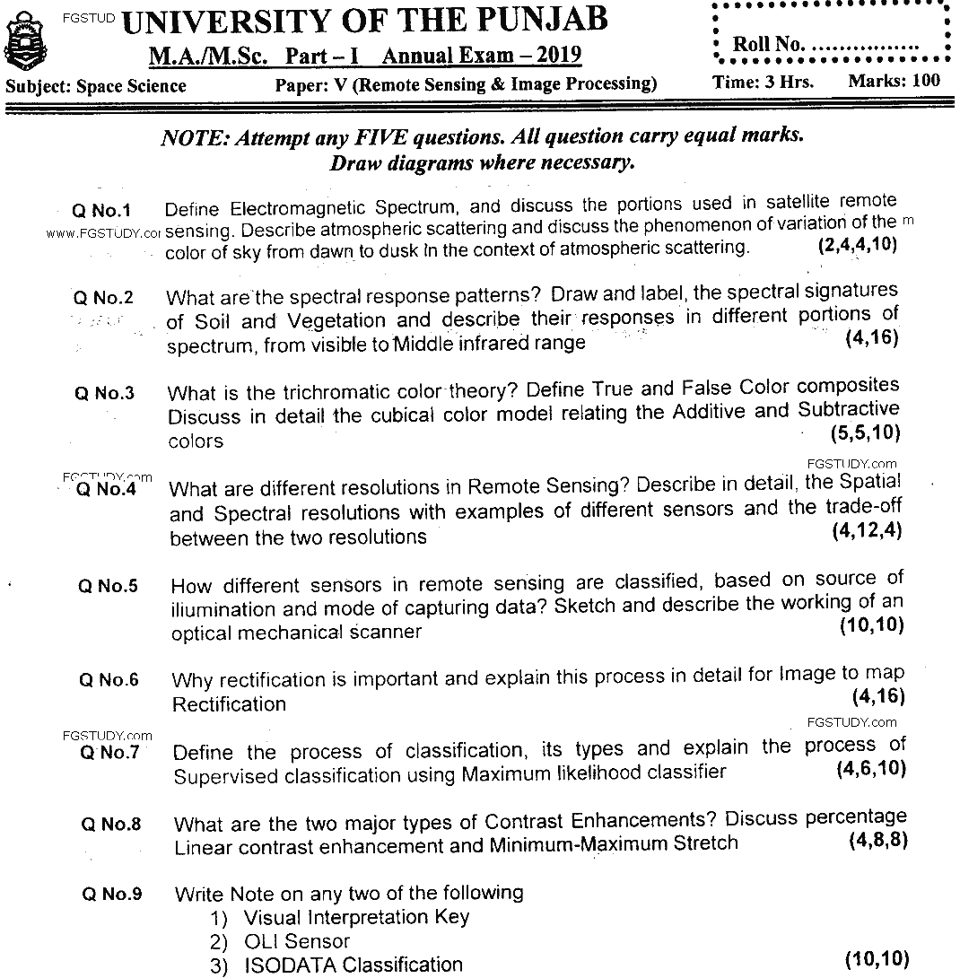 MSc Part 1 Space Science Remote Sensing And Image Processing Past Paper 2019 Punjab University Subjective