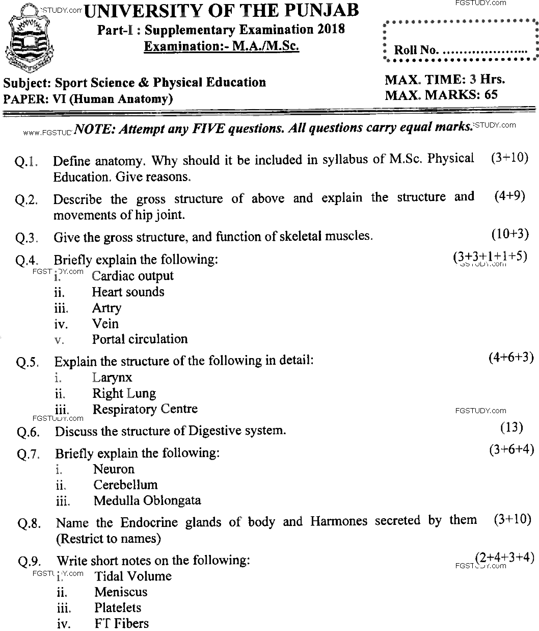 MSc Part 1 Sport Sciences And Physical Education Human Anatomy Past Paper 2018 Punjab University Subjective
