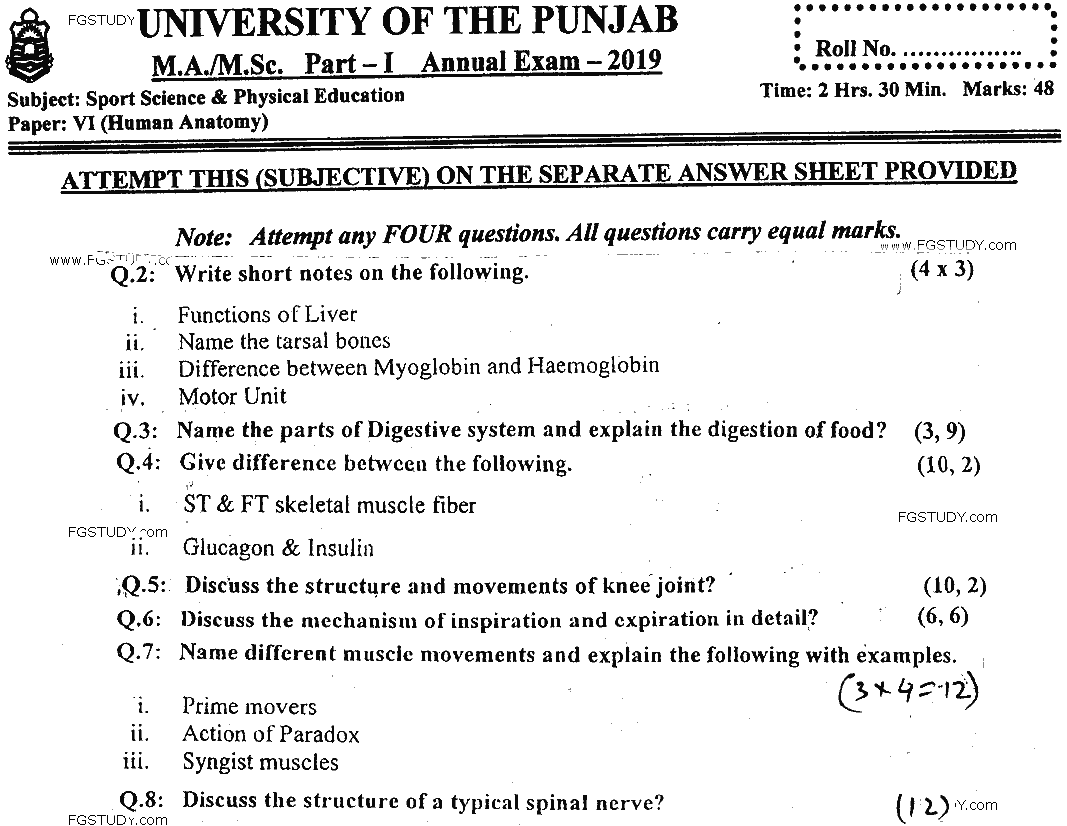 MSc Part 1 Sport Sciences And Physical Education Human Anatomy Past Paper 2019 Punjab University Subjective