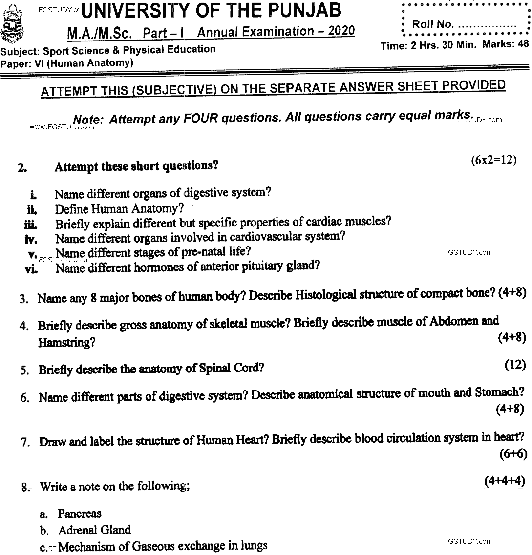 MSc Part 1 Sport Sciences And Physical Education Human Anatomy Past Paper 2020 Punjab University Subjective