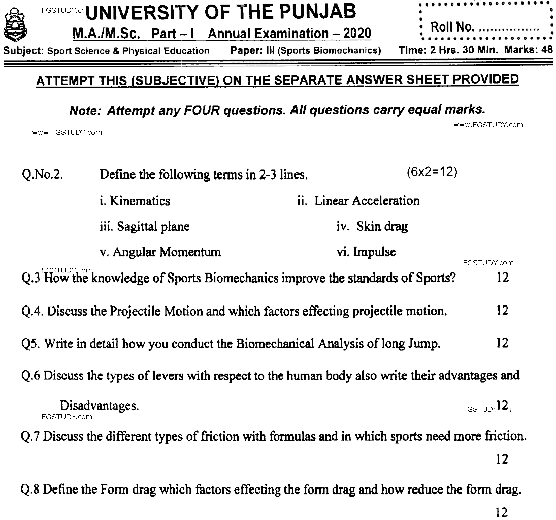 MSc Part 1 Sport Sciences And Physical Education Sports Biornechanics Past Paper 2020 Punjab University Subjective