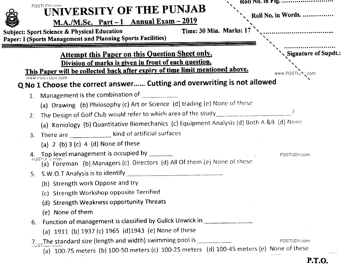 MSc Part 1 Sport Sciences And Physical Education Sports Management And Planning Sports Past Paper 2019 Punjab University Objective