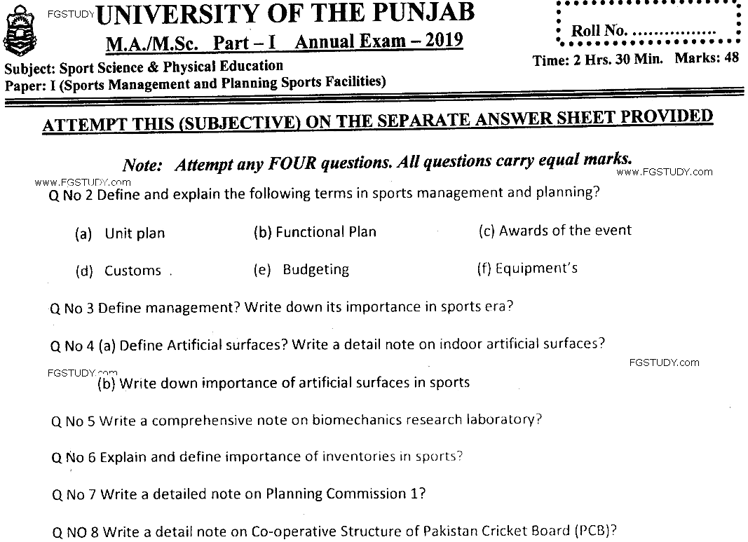 MSc Part 1 Sport Sciences And Physical Education Sports Management And Planning Sports Past Paper 2019 Punjab University Subjective