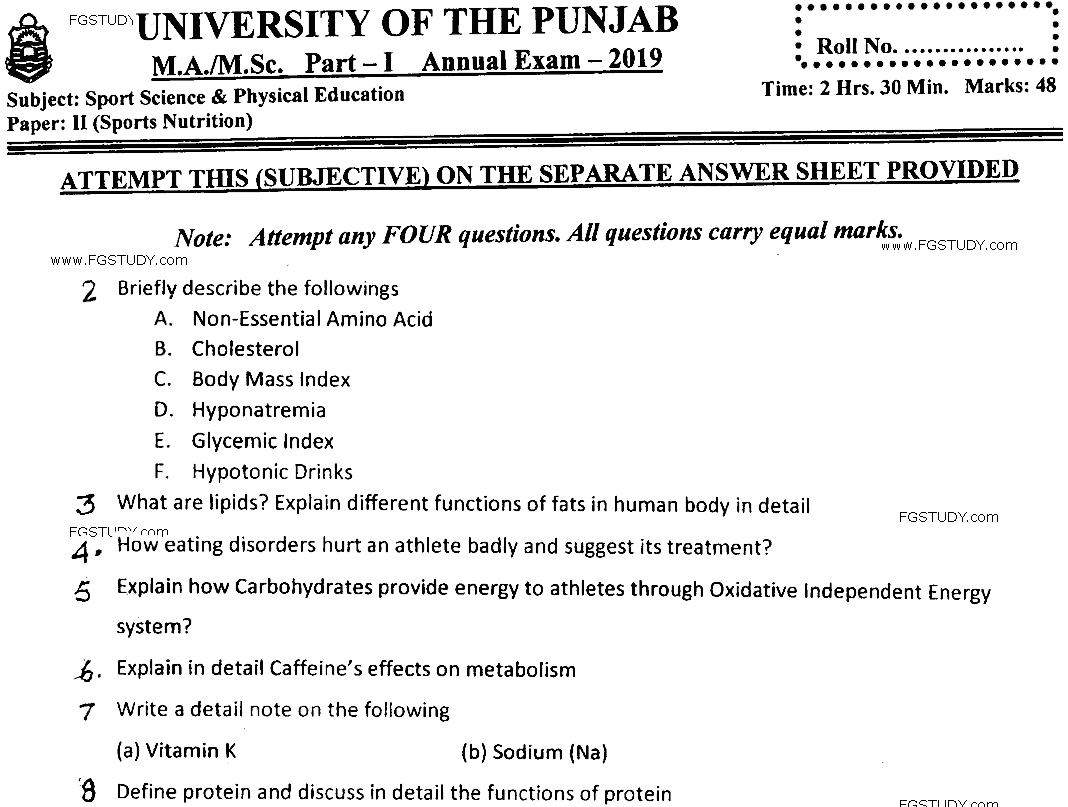 MSc Part 1 Sport Sciences And Physical Education Sports Nutrition Past Paper 2019 Punjab University Subjective