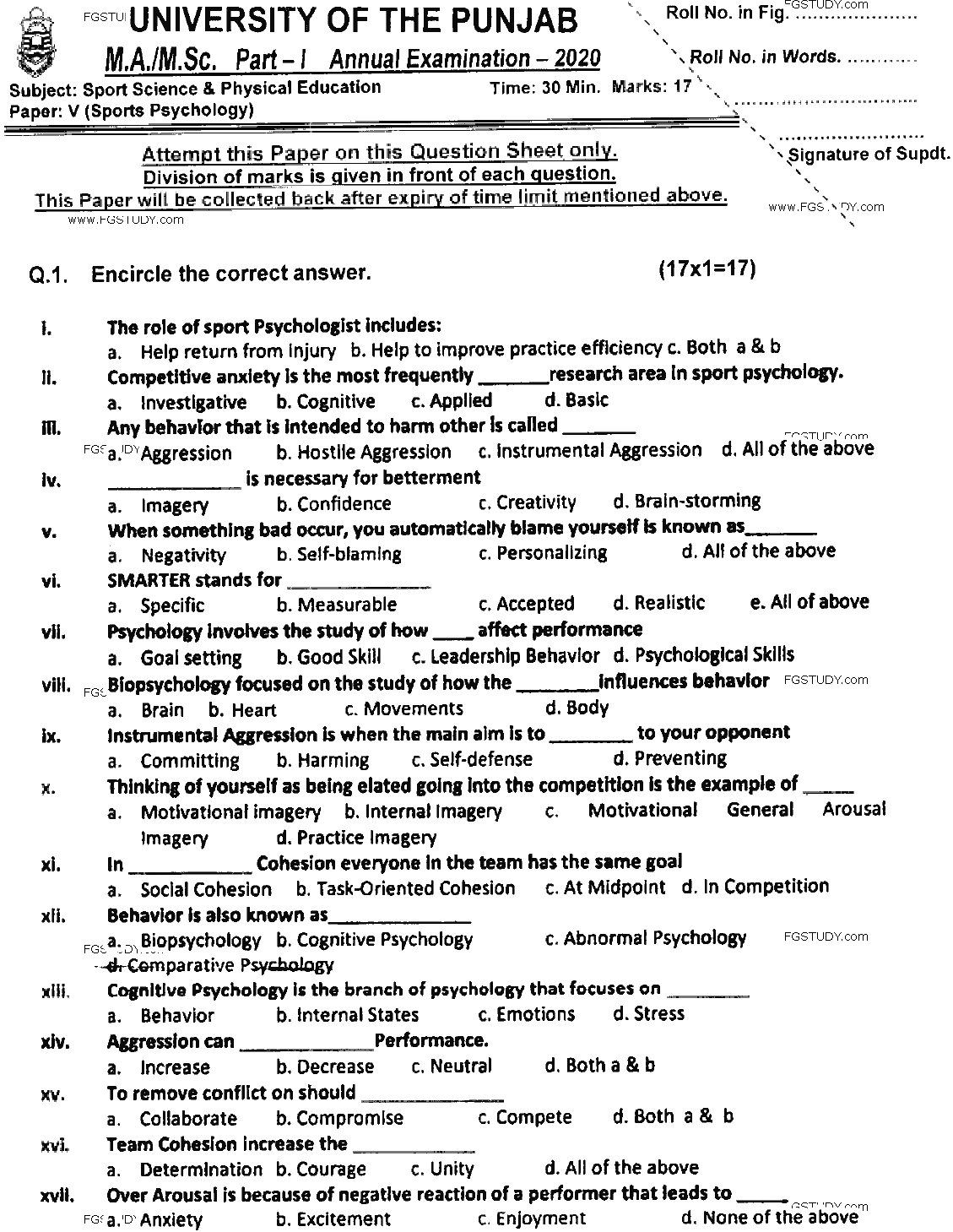 MSc Part 1 Sport Sciences And Physical Education Sports Psychology Past Paper 2020 Punjab University Objective