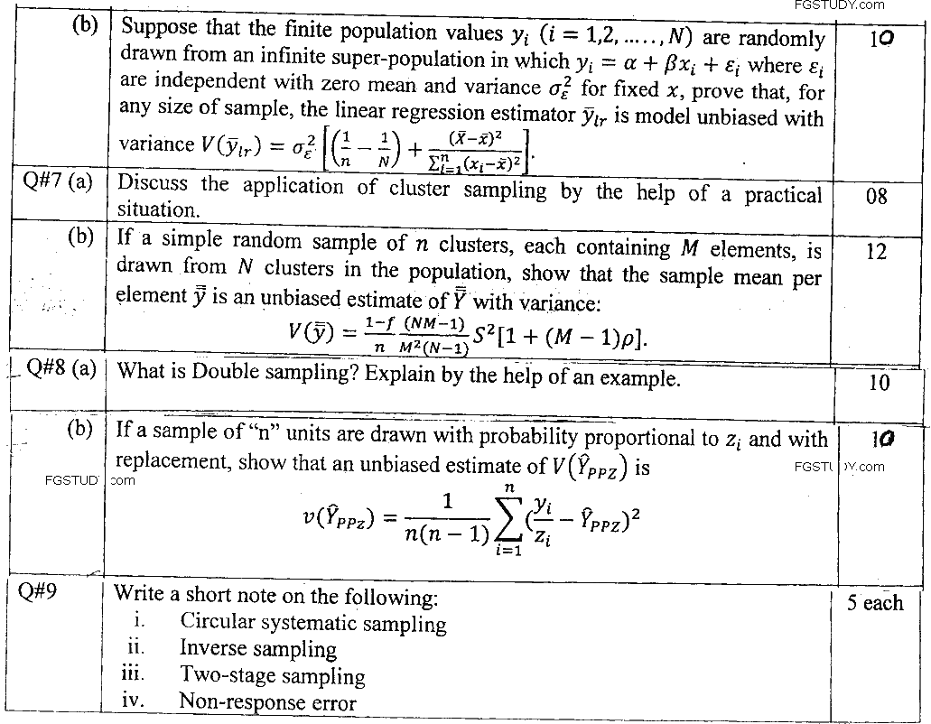 MSc Part 1 Statistics Sampling Techniques Past Paper 2019 Punjab University Subjective