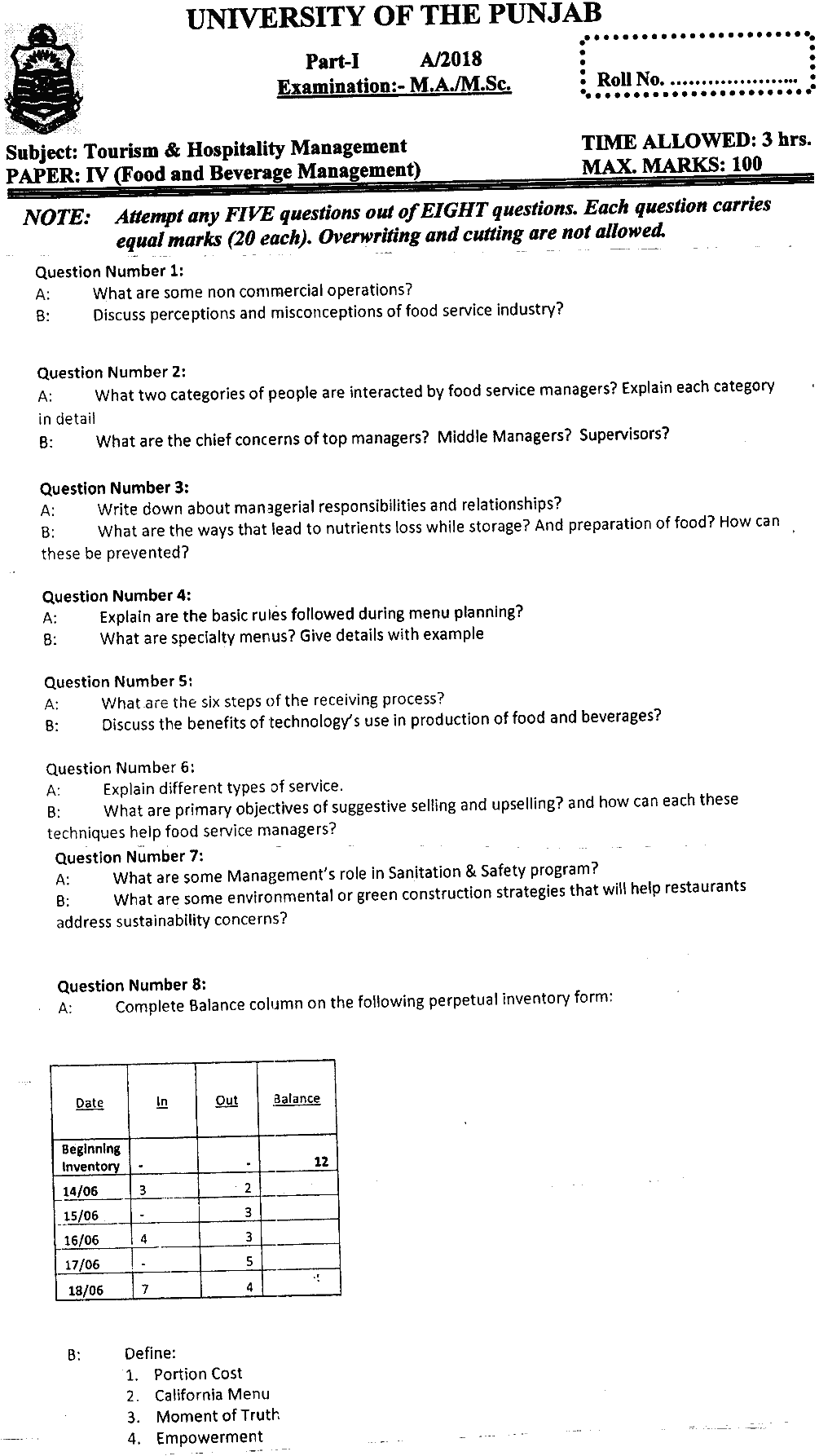 MSc Part 1 Tourism And Hospitality Management Food And Beverage Management Past Paper 2018 Punjab University Subjective