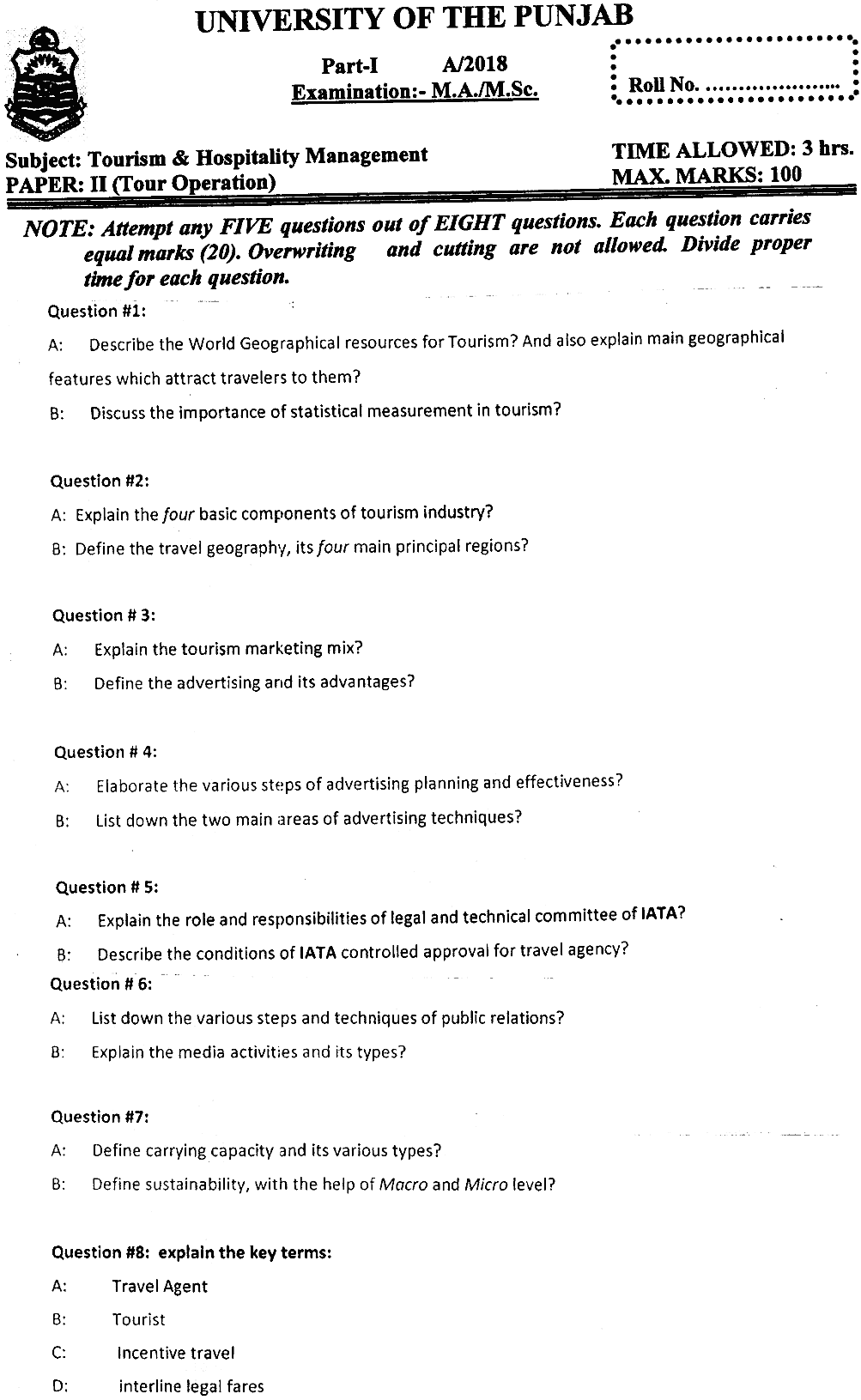MSc Part 1 Tourism And Hospitality Management Tour Operation Past Paper 2018 Punjab University Subjective