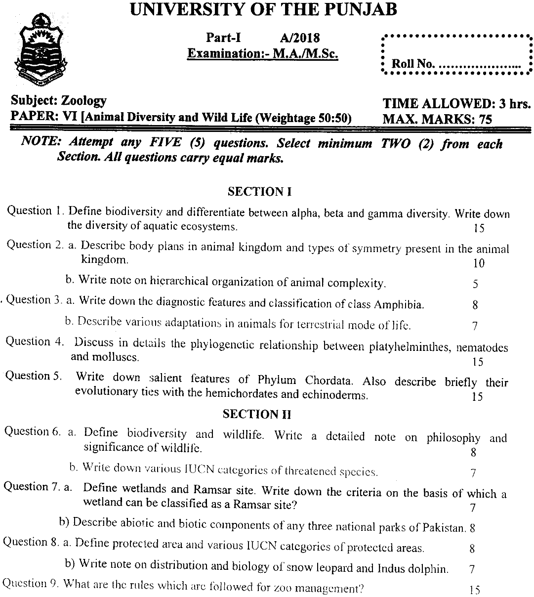 MSc Part 1 Zoology Animal Diversity And Wildlife Past Paper 2018 Punjab University Subjective