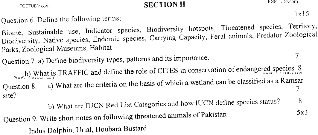 MSc Part 1 Zoology Animal Diversity And Wildlife Past Paper 2019 Punjab University Subjective