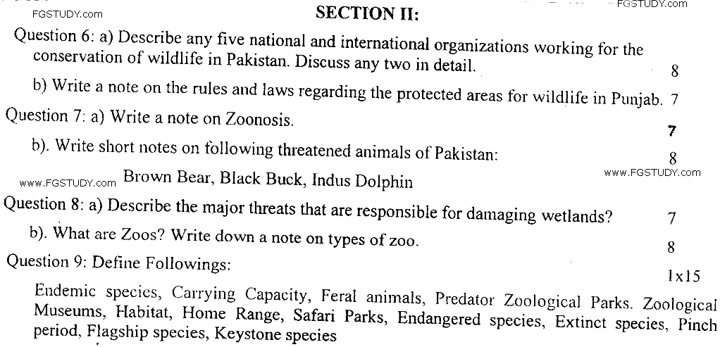 MSc Part 1 Zoology Animal Diversity And Wildlife Past Paper 2019 Punjab University Subjective