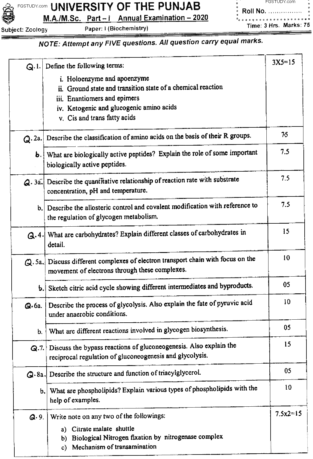 MSc Part 1 Zoology Biochemistry Past Paper 2020 Punjab University Subjective