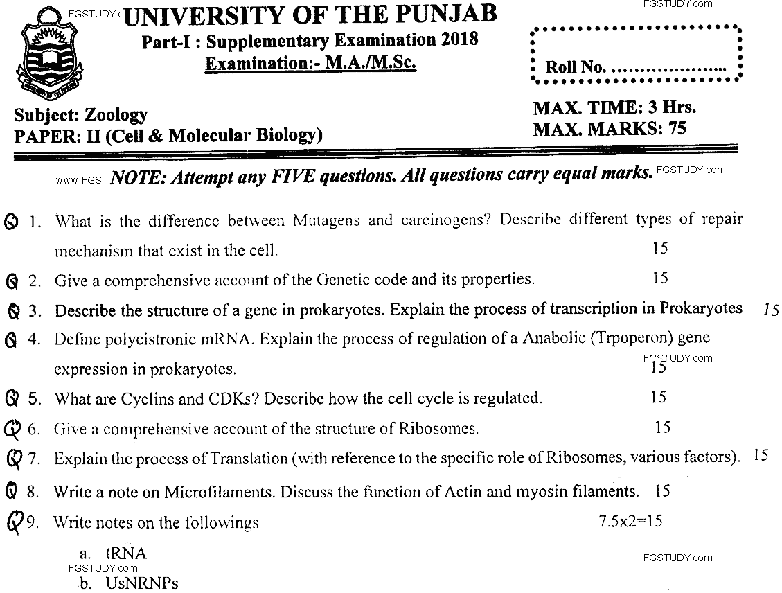 MSc Part 1 Zoology Cell And Molecular Biology Past Paper 2018 Punjab University Subjective