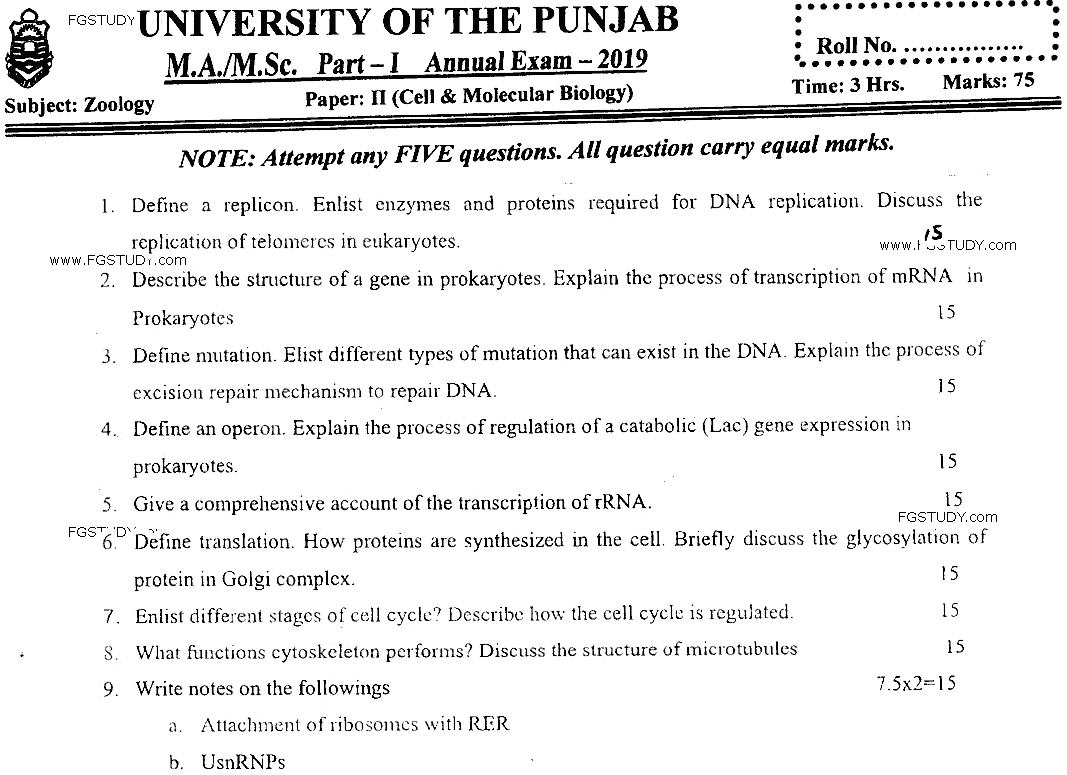 MSc Part 1 Zoology Cell And Molecular Biology Past Paper 2019 Punjab University Subjective