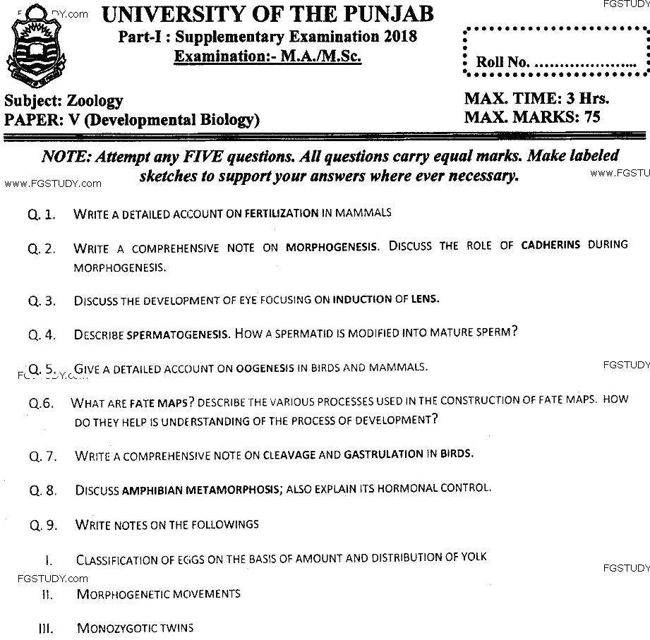 MSc Part 1 Zoology Developmental Biology Past Paper 2018 Punjab University Subjective