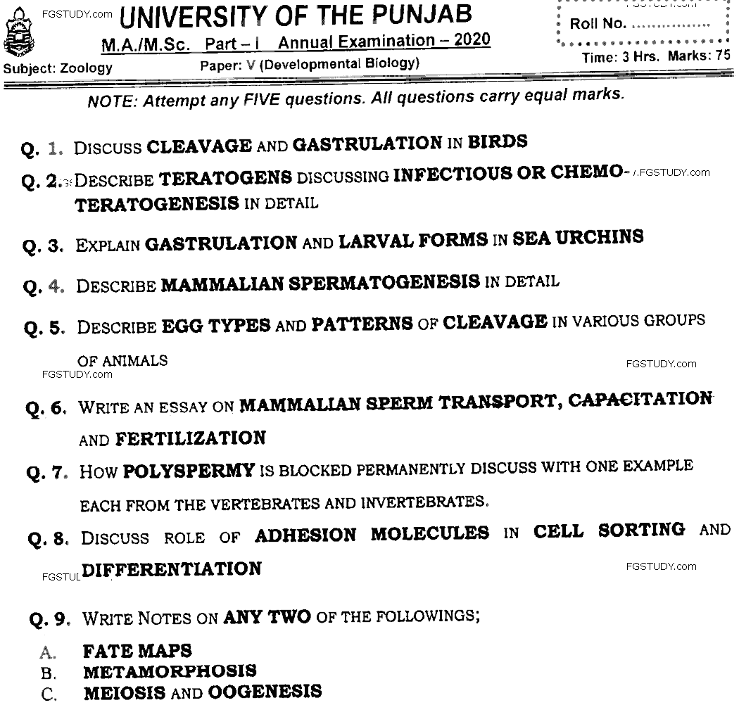MSc Part 1 Zoology Developmental Biology Past Paper 2020 Punjab University Subjective