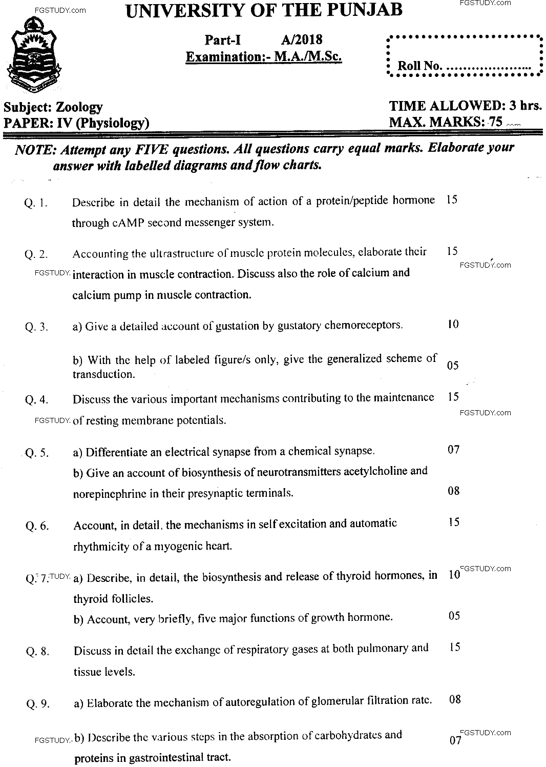 MSc Part 1 Zoology Physiology Past Paper 2018 Punjab University Subjective