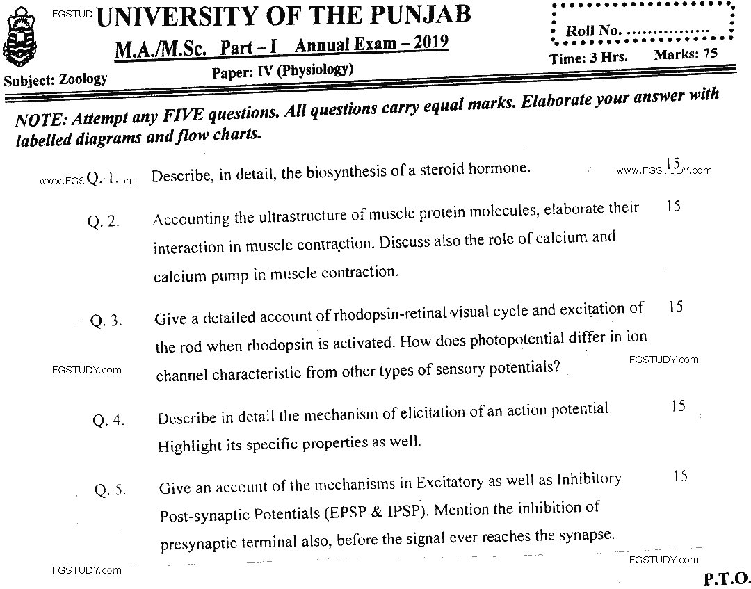 MSc Part 1 Zoology Physiology Past Paper 2019 Punjab University Subjective