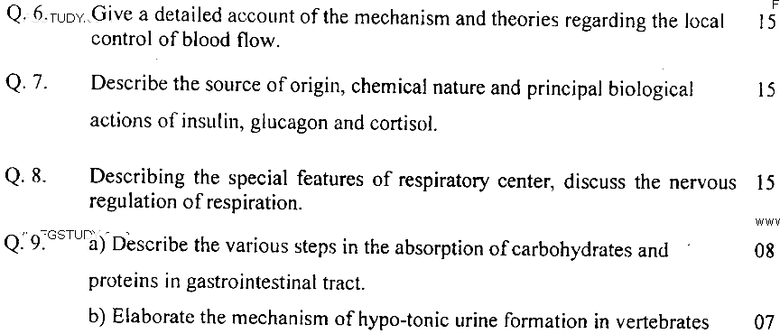 MSc Part 1 Zoology Physiology Past Paper 2019 Punjab University Subjective