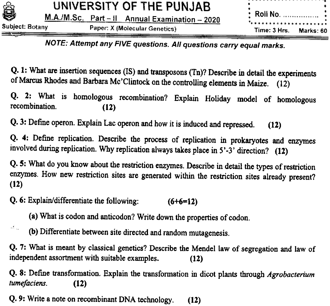MSc Part 2 Botany Molecular Genetics Past Paper 2020 Punjab University Subjective
