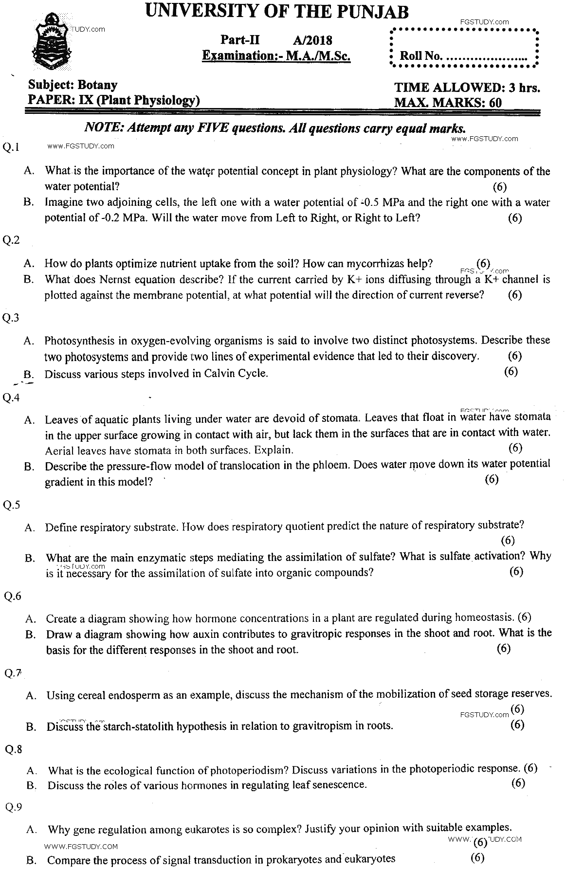 MSc Part 2 Botany Plant Physiology Past Paper 2018 Punjab University Subjective